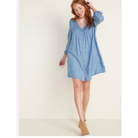 Old Navy Chambray Pleated V-Neck Button Front Swing Dress Size M - Picture 1 of 7
